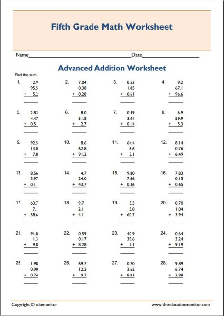 5th Grade Advanced Addition Math Worksheets