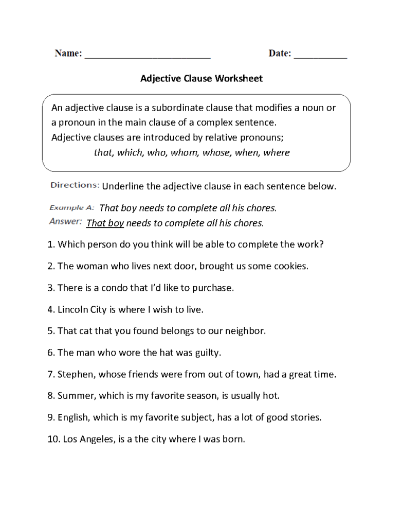 Adjective Clause Worksheets Adjectives Adjective Worksheet Relative 