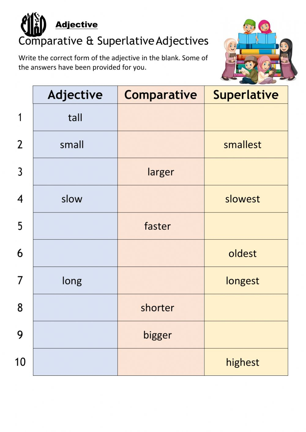 Adjective Comparative Superlative Worksheet