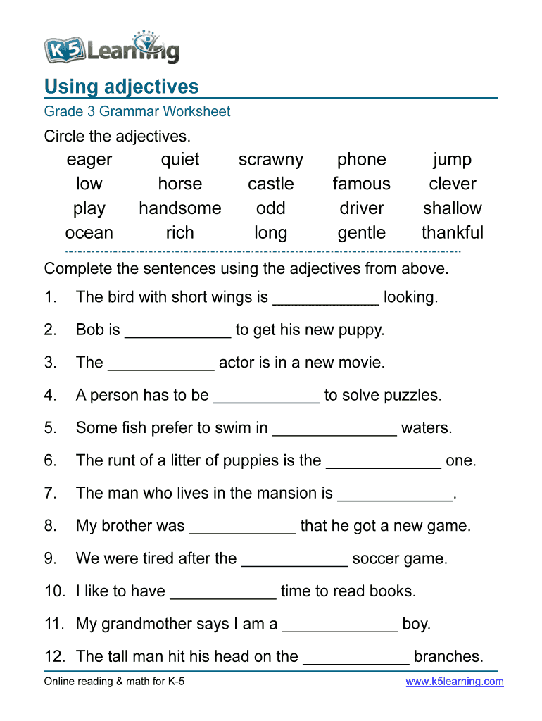 Adjective Worksheet For Class 3 Fill Online Printable Fillable