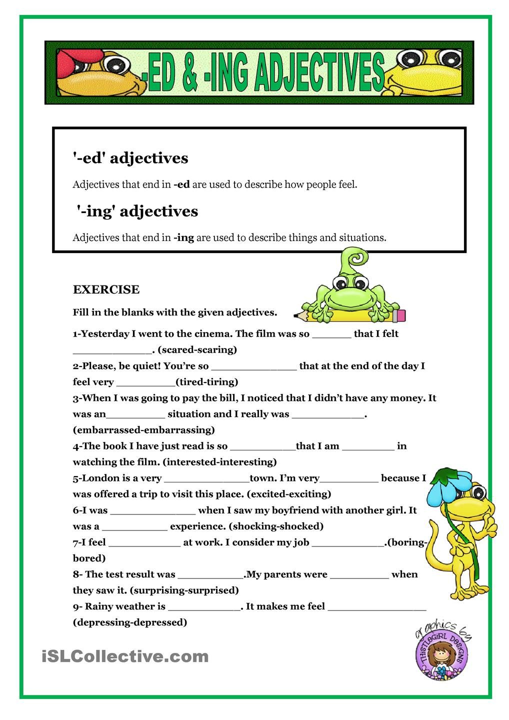 Adjectives Ending With Ed And Ing Exercises Huesteaching