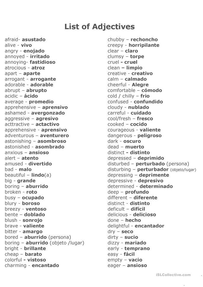 Adjectives In English And In Spanish English Adjectives Learning