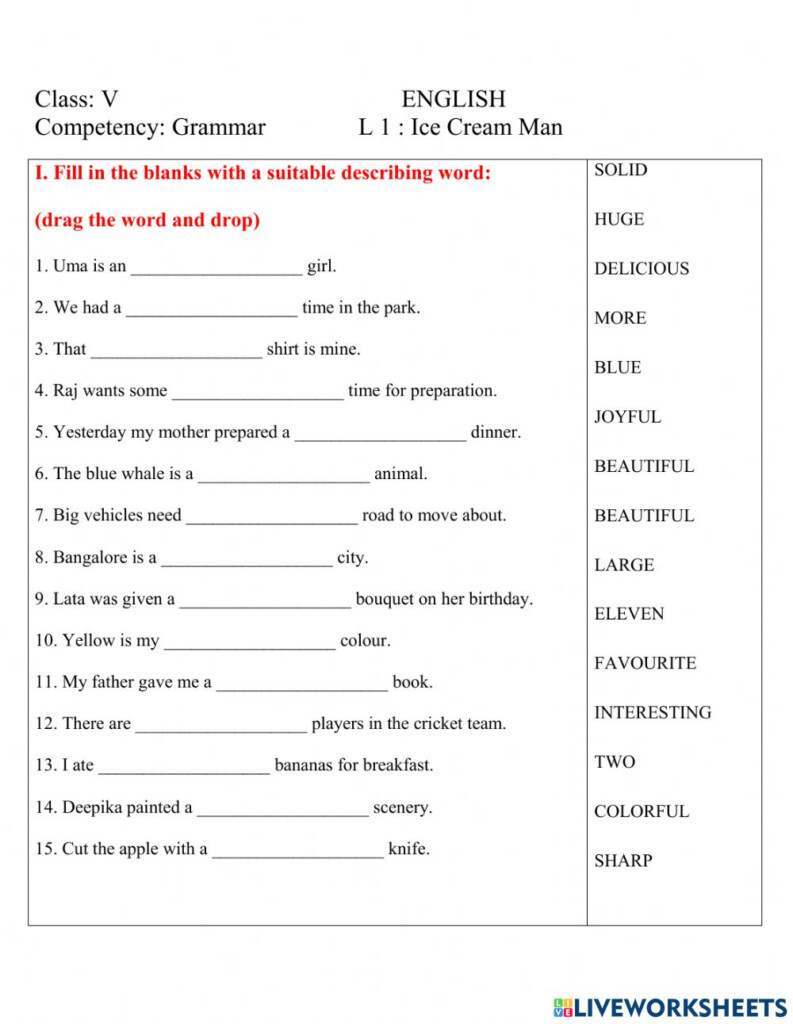 Adjectives Online Exercise For GRADE 5