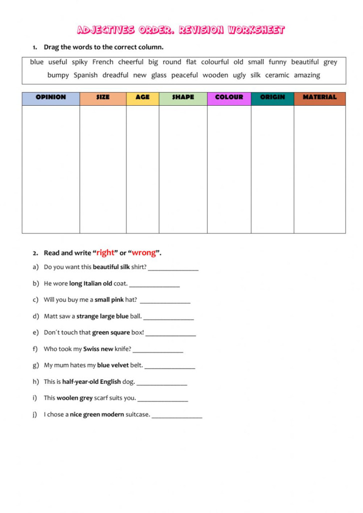Adjectives Order Activity Adjectiveworksheets Net