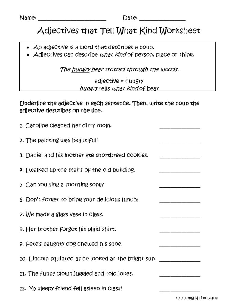 Adjectives That Tell What Kind Worksheets Adjective Worksheet Verb 