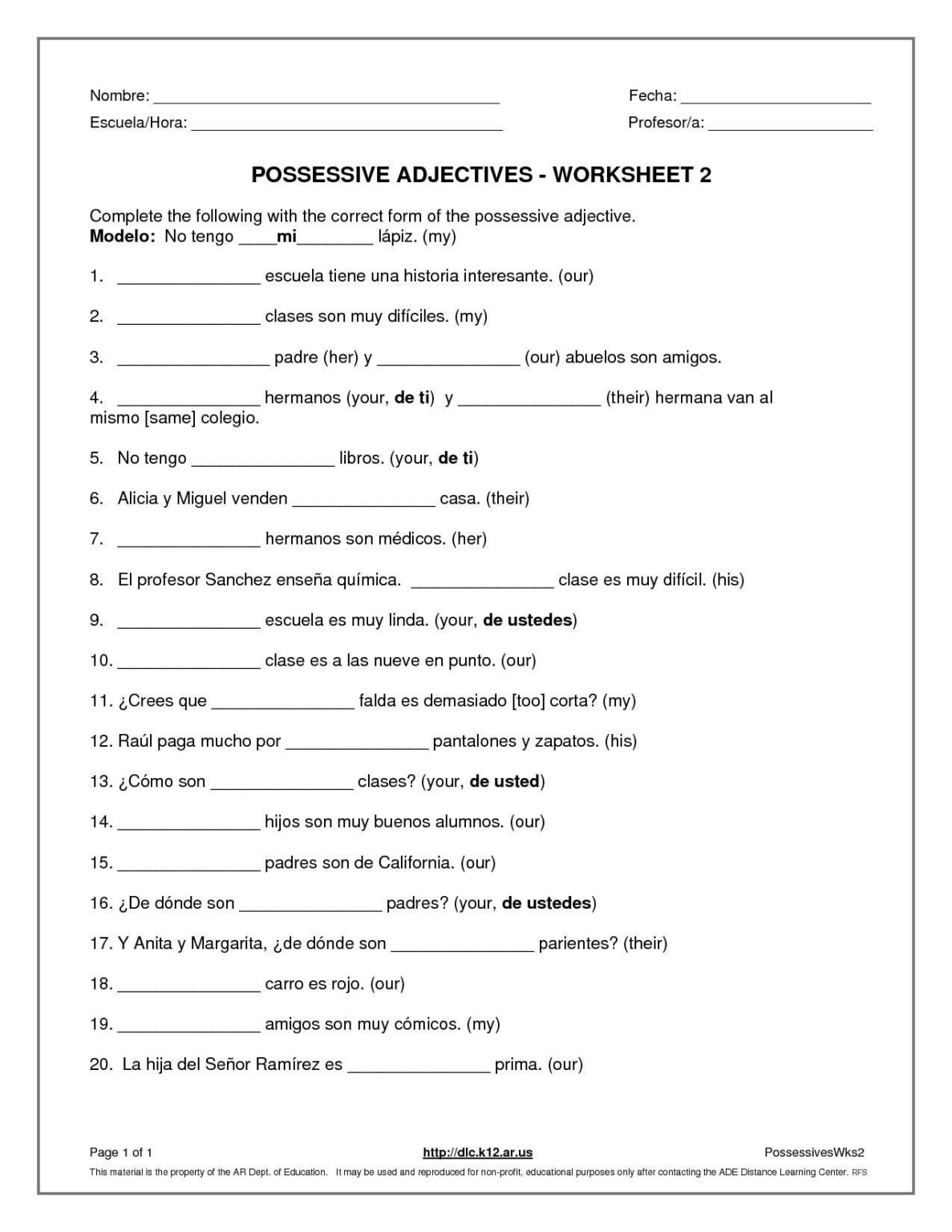Adjective Agreement Spanish Worksheet Adjectiveworksheets