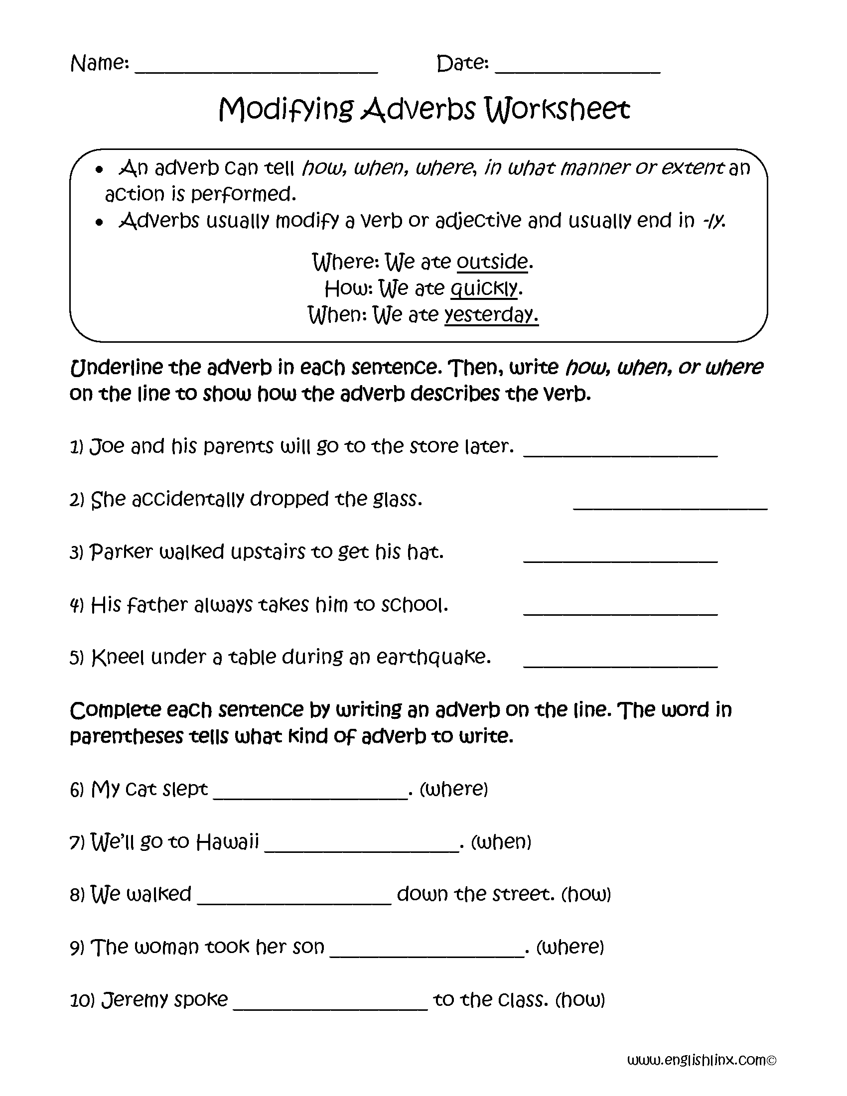 Answer Key Pdf Noun Verb Adjective Adverb Worksheet With Answers