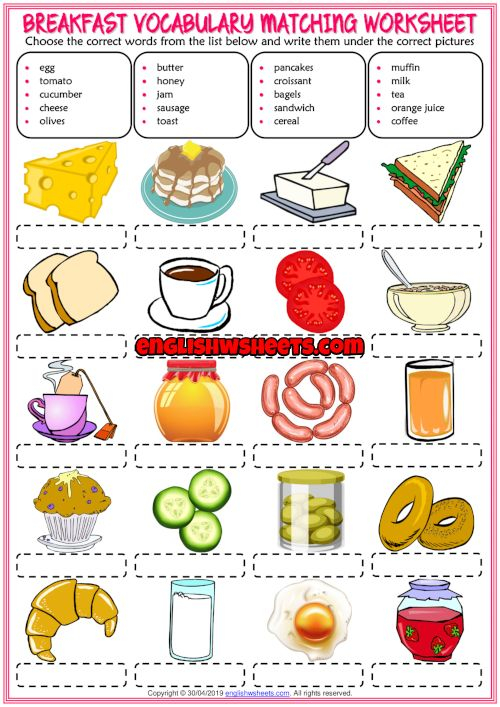 Breakfast ESL Vocabulary Matching Exercise Worksheet In 2020 English 