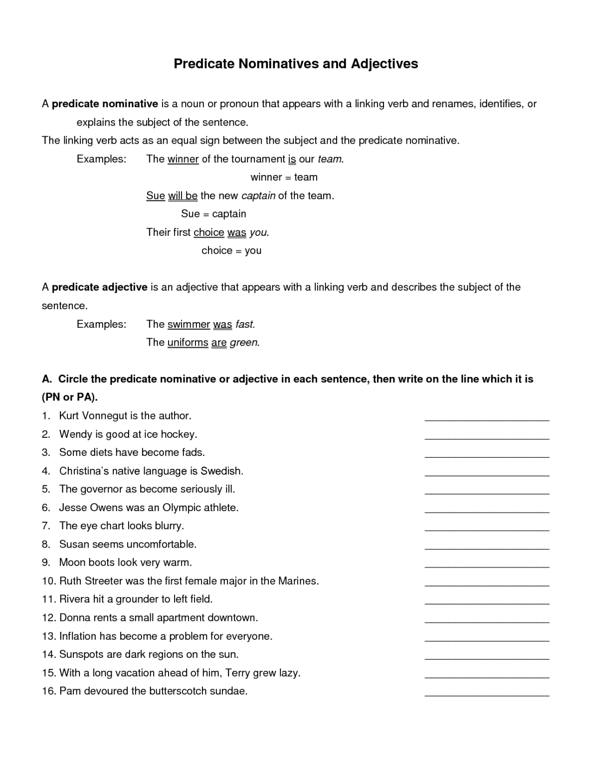 Free Predicate Nominative And Predicate Adjective Worksheets