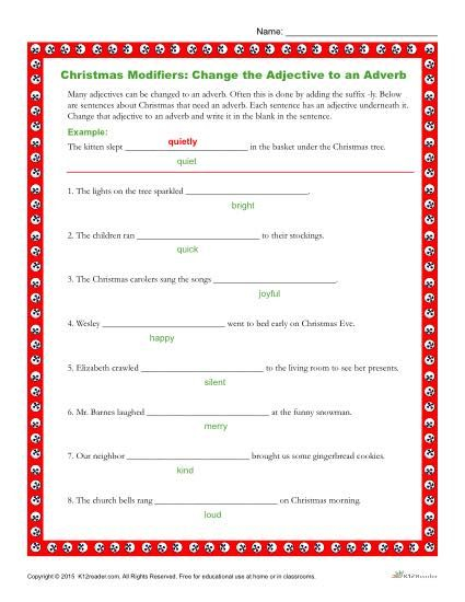 Christmas Modifiers Worksheet Change The Adjectives Adverbs 