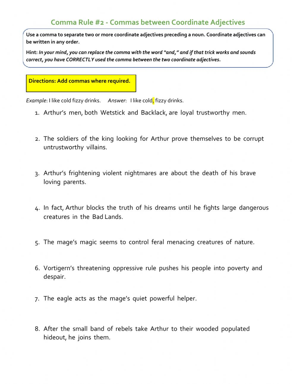 Comma Rule Coordinate Adjectives Worksheet