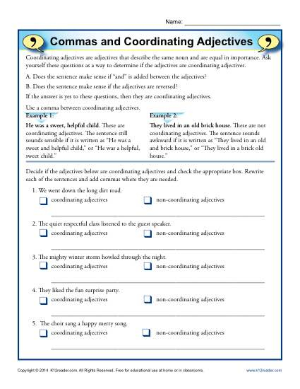 Commas And Coordinating Adjectives Comma Worksheets