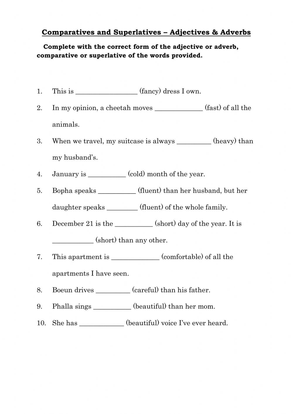 Comparative And Superlative Adjectives And Adverbs Interactive Worksheet