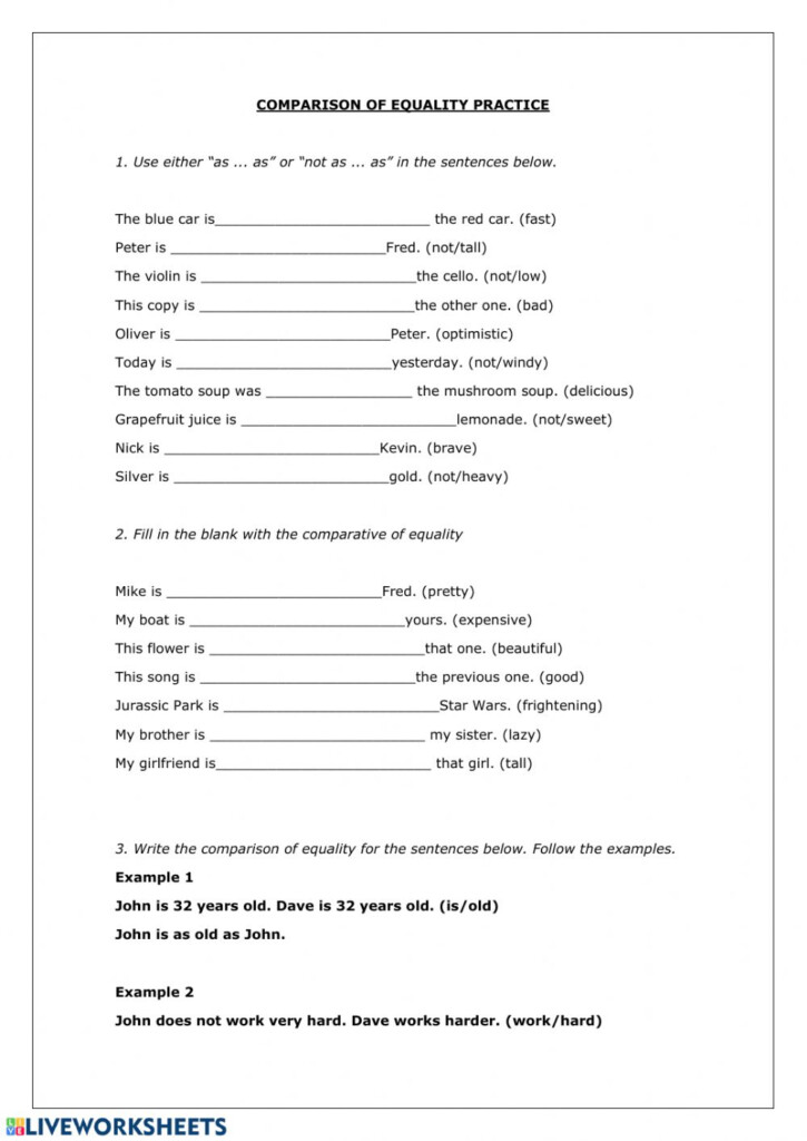 Comparative Of Equality Worksheet