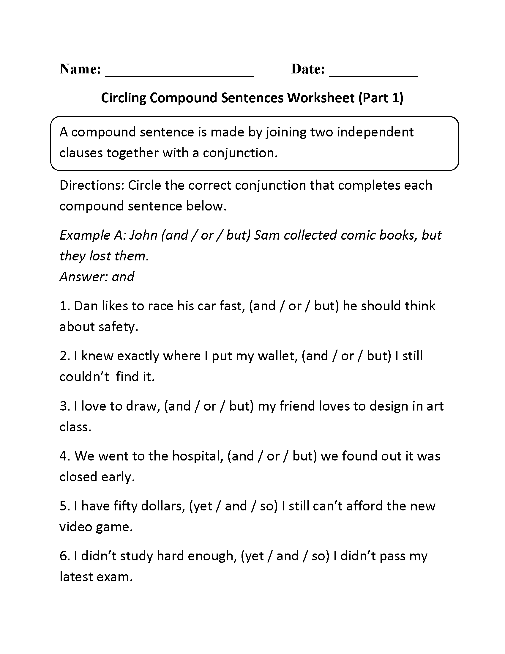 Compound Sentences Worksheets Circling Compound Sentences Worksheet