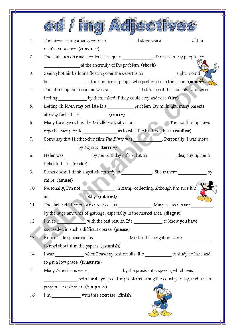 Ed Ing Adjectives Worksheets