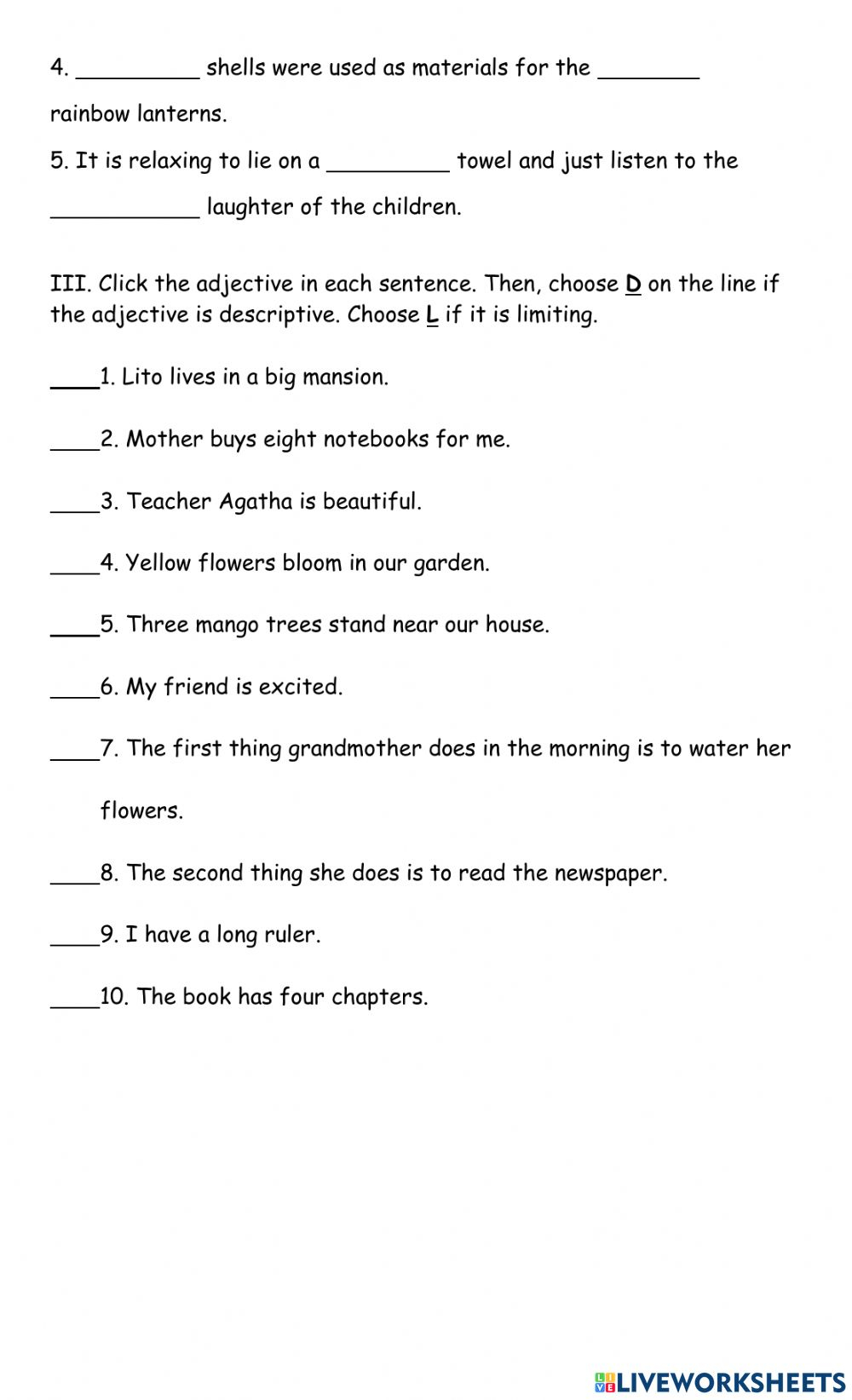 Ejercicio De Adjectives Descriptive And Limiting Adjectiveworksheets ejercicio-de-adjectives-descriptive-and-limiting-adjectiveworksheets