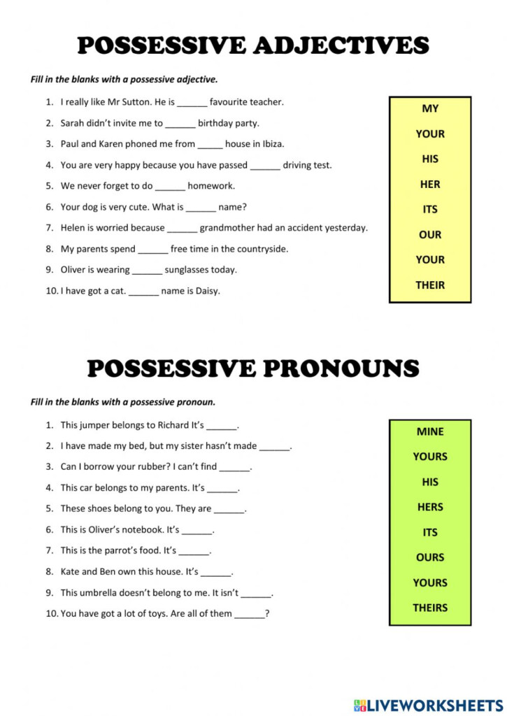Ejercicio De Possessive Adjectives And Pronouns En Pdf Online