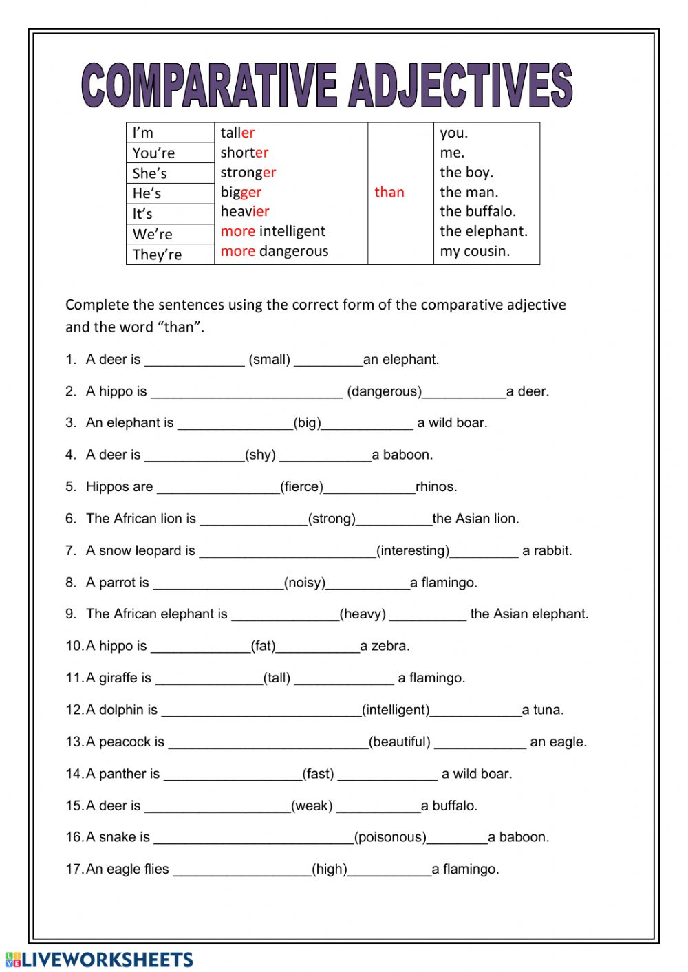 Grammar Comparative Adjectives Worksheet