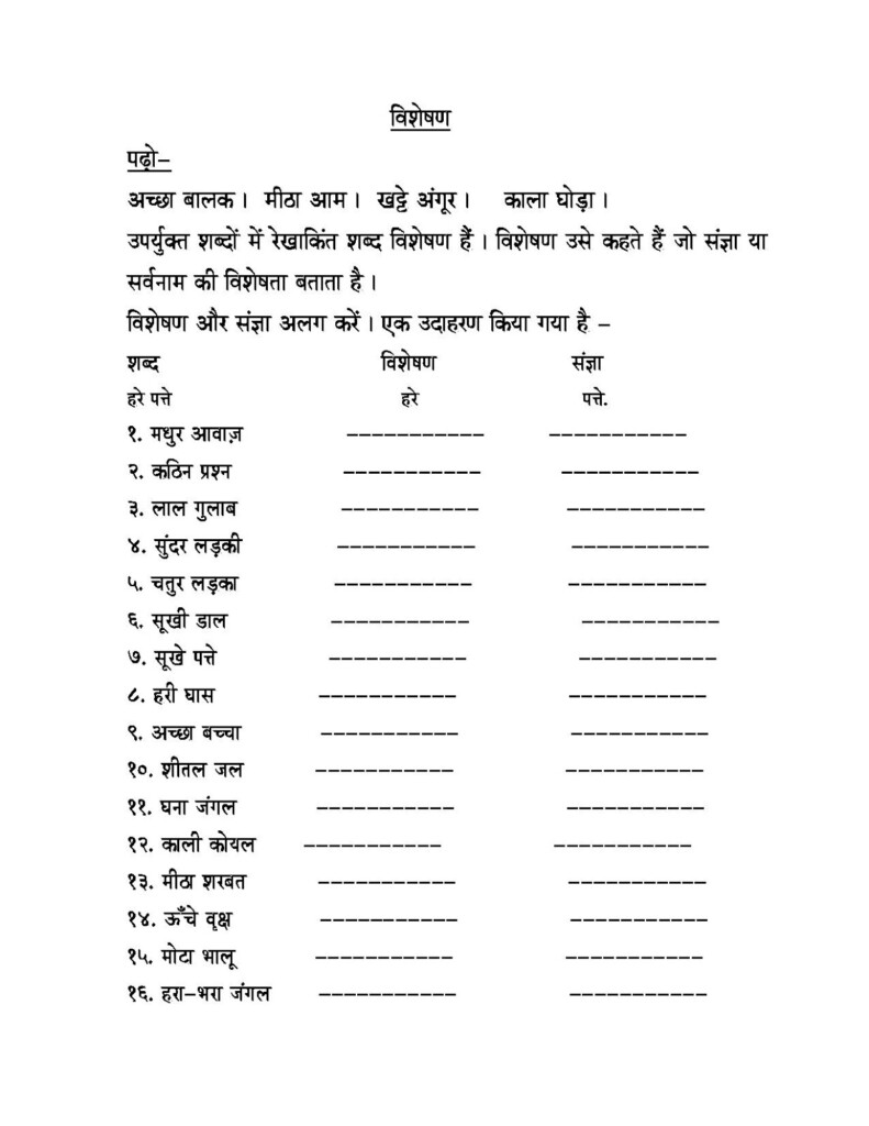 Hindi Grammar Work Sheet Collection For Classes 5 6 7 8 Adjectives 