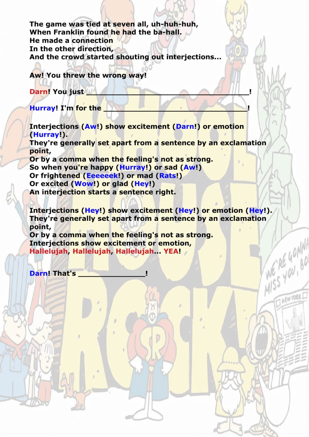 Interjections Schoolhouse Rock Worksheet Adjectiveworksheets