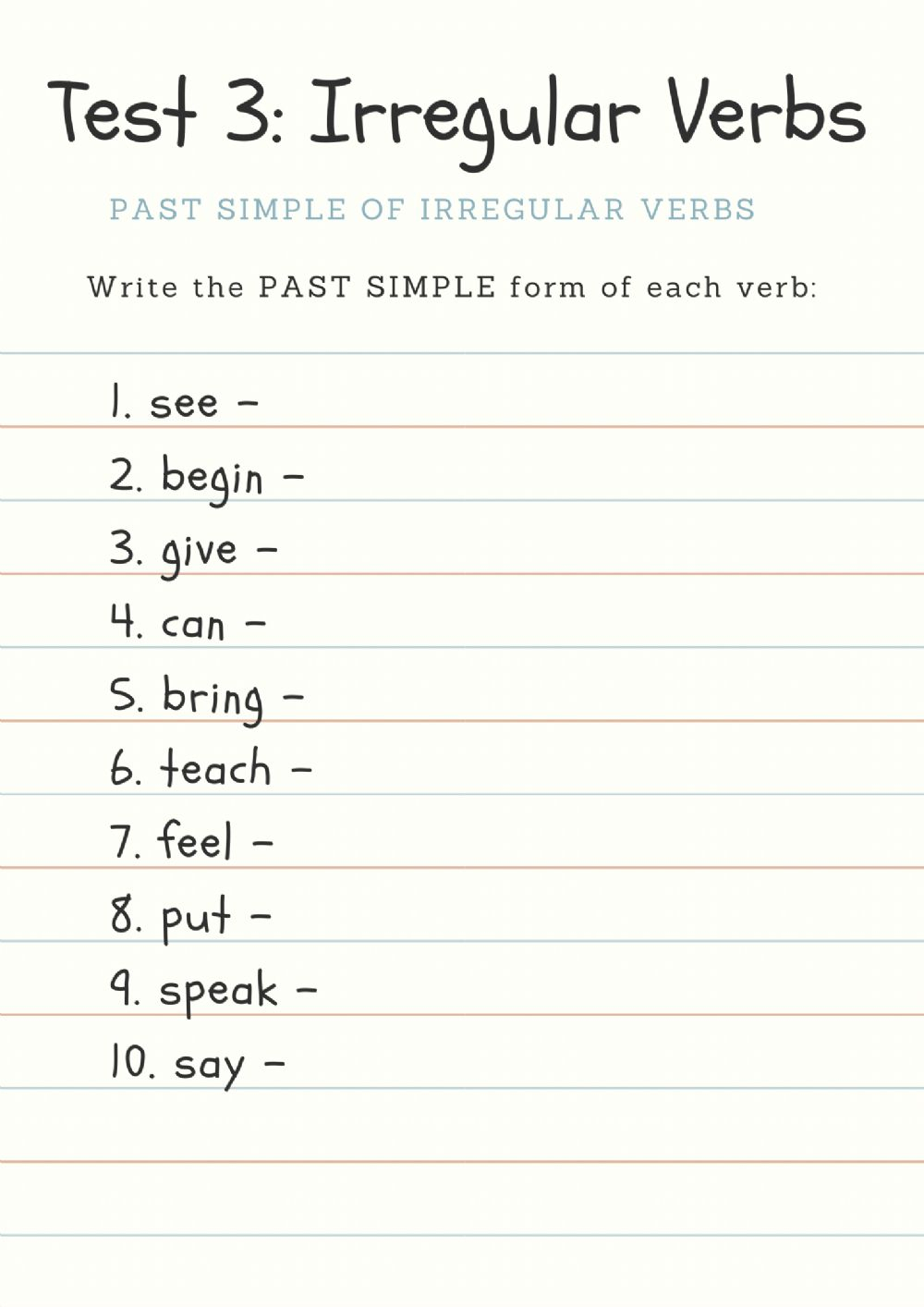 Irregular Verb Past Simple Test 3 Worksheet