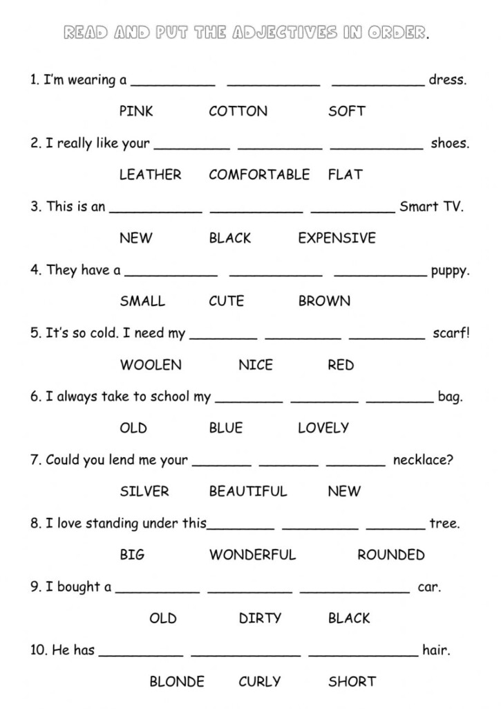 Order Of Adjectives Worksheet
