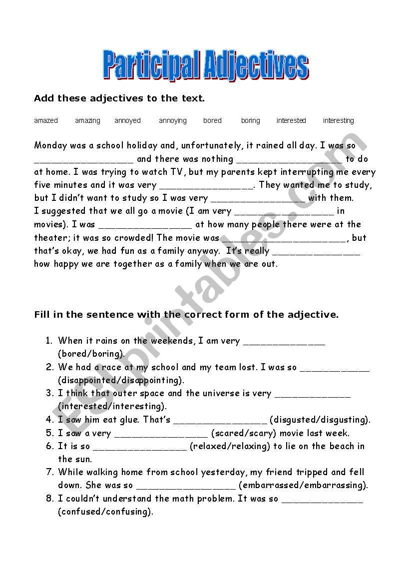 Participal Adjectives ESL Worksheet By Ebarrett3