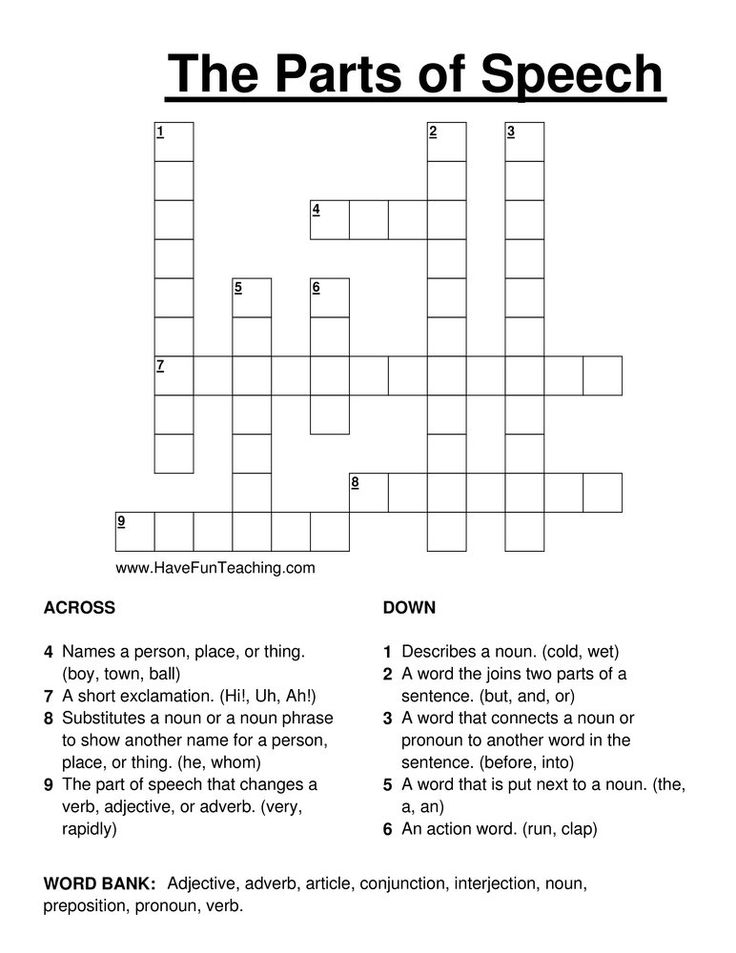 Parts Of Speech Crossword Puzzle Have Fun Teaching Parts Of Speech