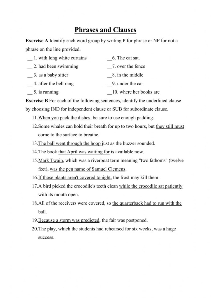 Phrases And Clauses Worksheet
