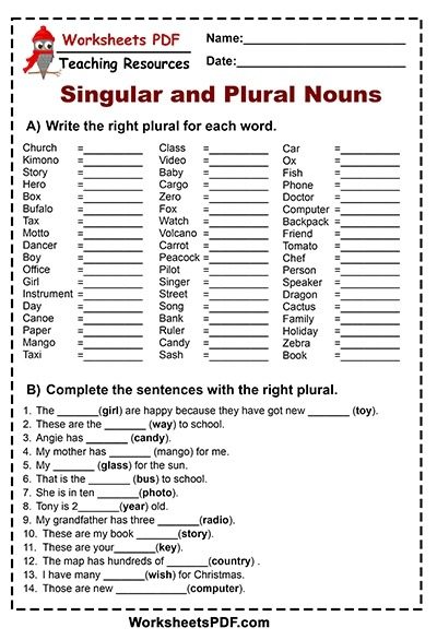 Plural And Singular Nouns Worksheets Worksheets Master