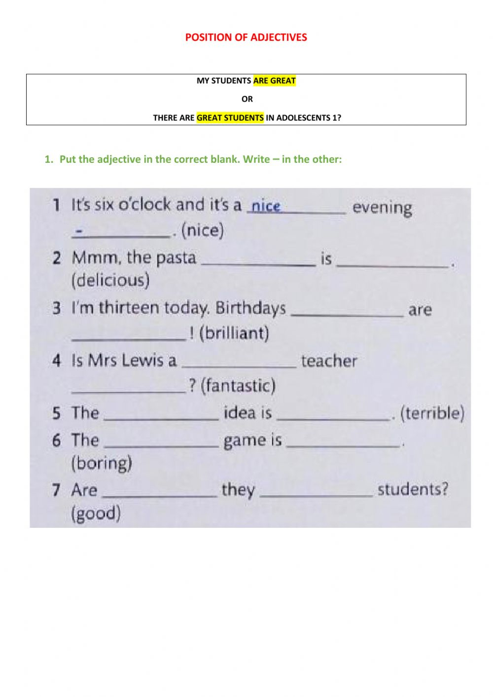 Position Of Adjectives Worksheet