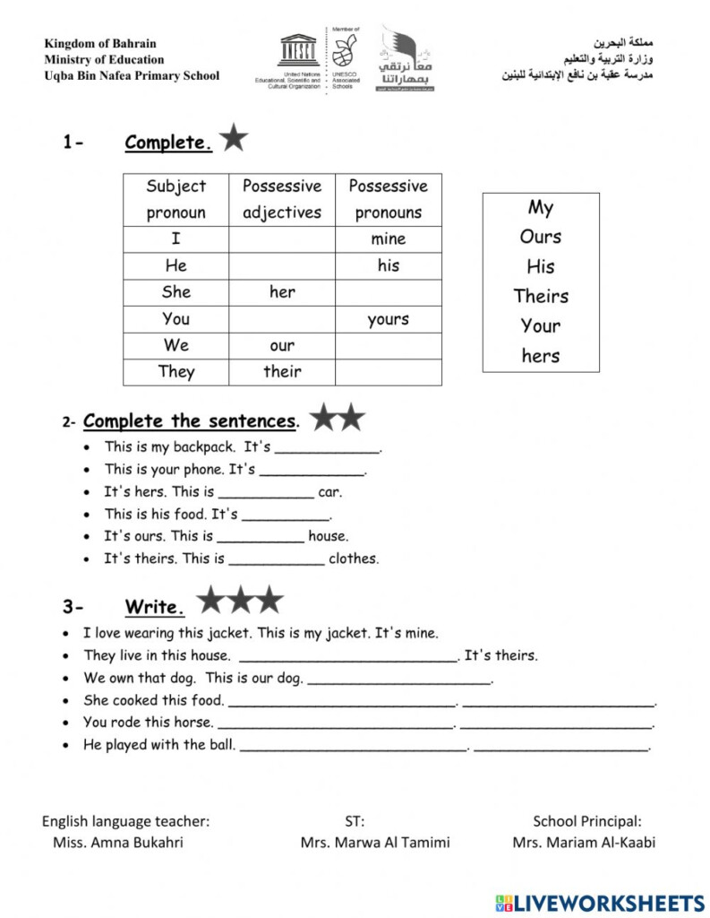 Possessive Adjectives And Pronouns Exercise For Grade 5