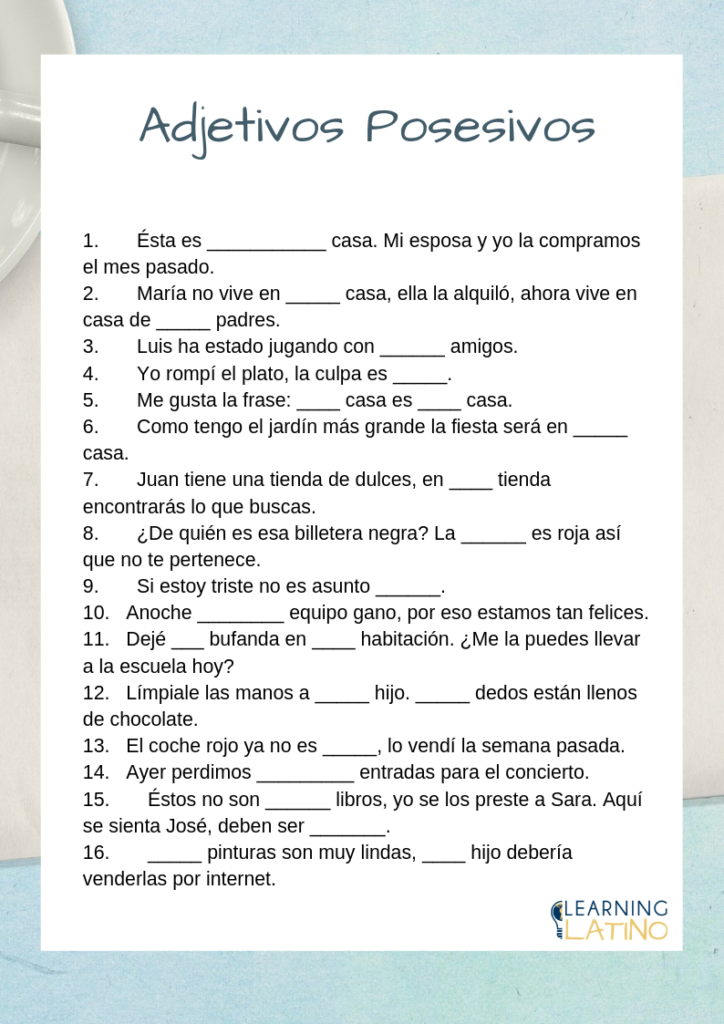 Possessives In Spanish Spanish Worksheets Spanish Exercises 