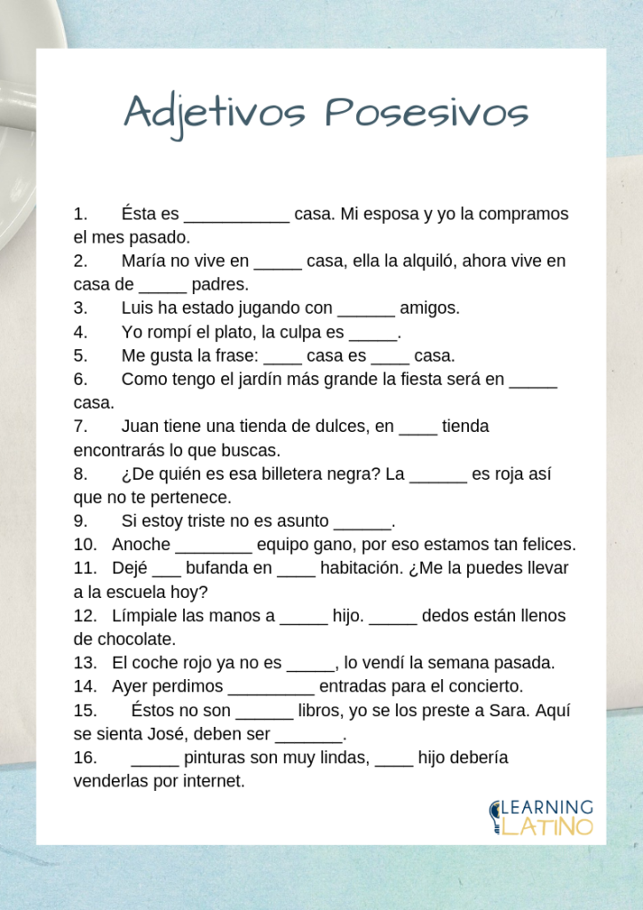 Possessives In Spanish Spanish Worksheets Spanish Exercises