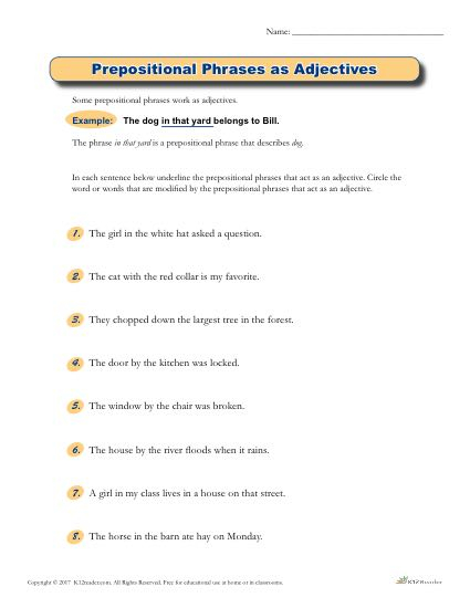 Prepositional Phrases As Adjectives Printable Parts Of Speech Worksheet