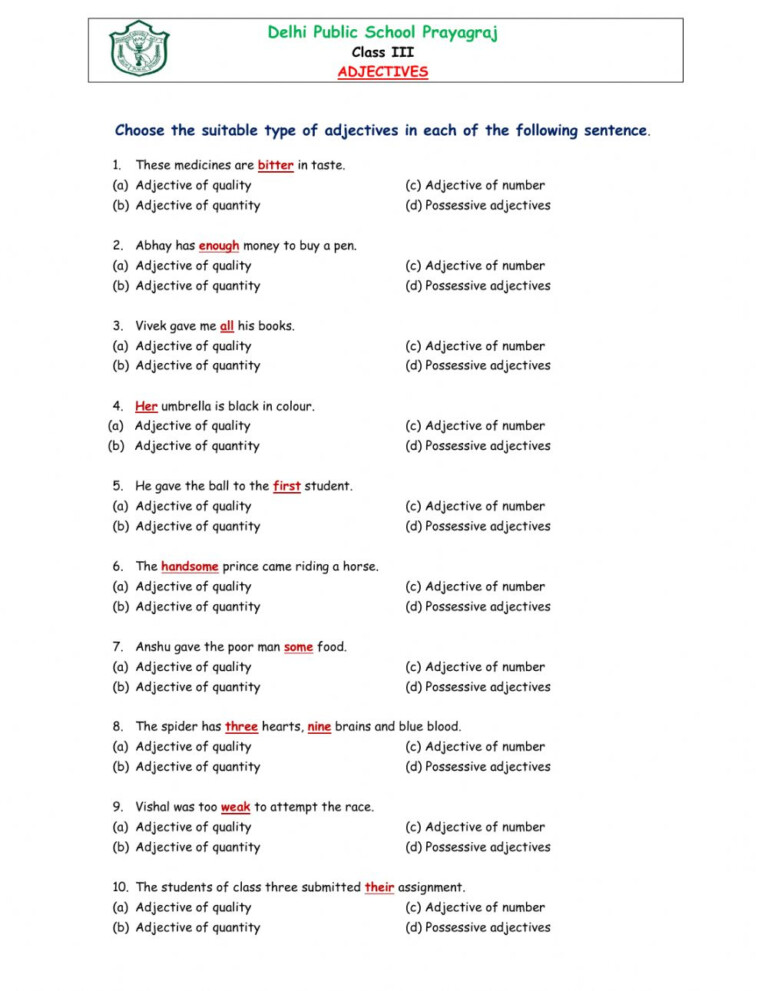 Adjective Of Quality And Quantity Worksheets