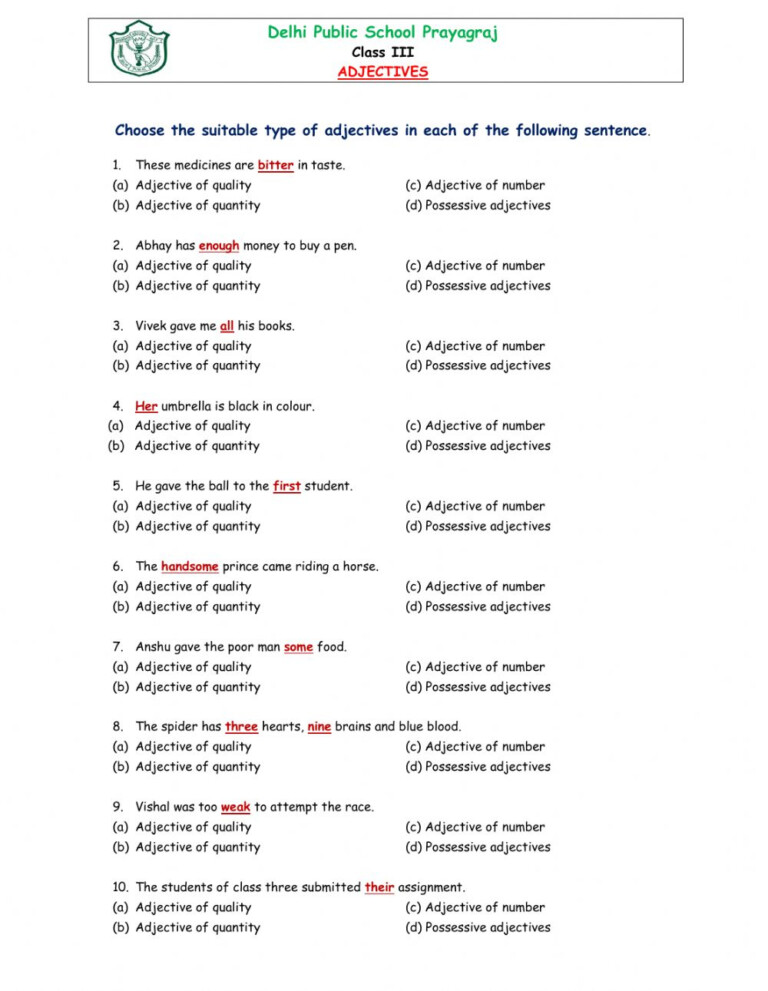 Adjectives Of Quality Quantity And Number Worksheets Adjectiveworksheets