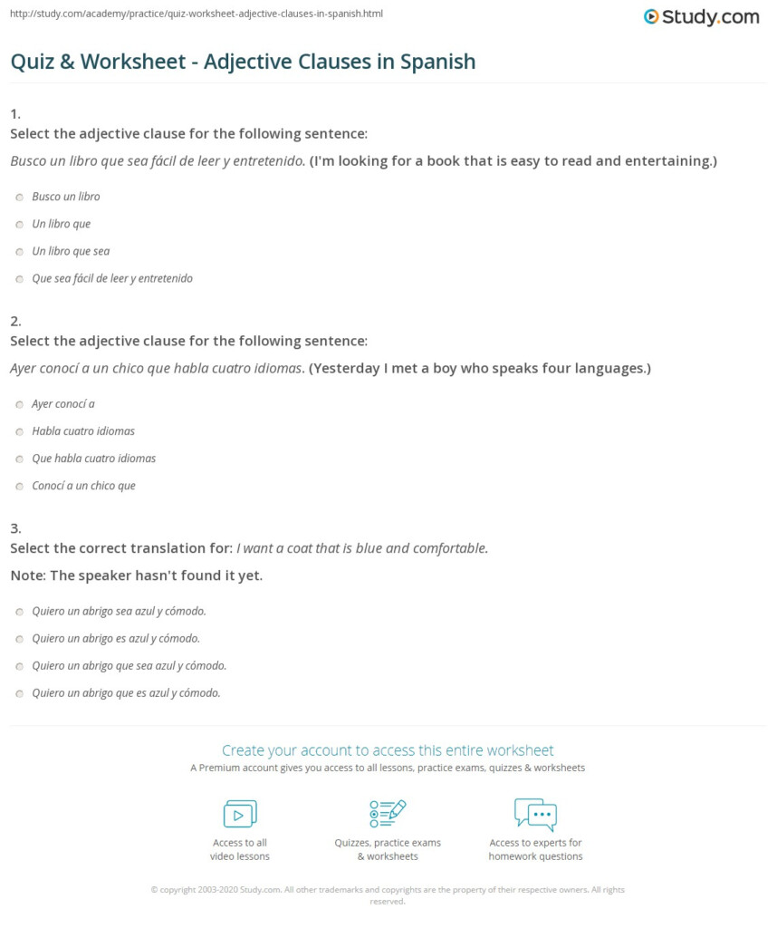 Quiz Worksheet Adjective Clauses In Spanish Study