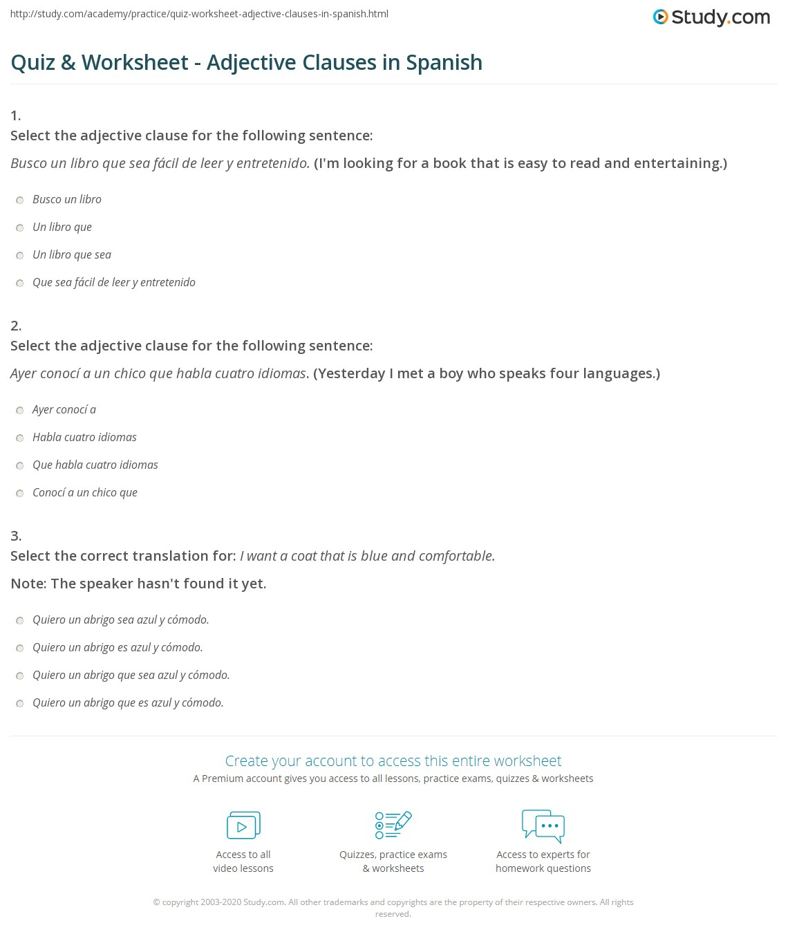 Quiz Worksheet Adjective Clauses In Spanish Study