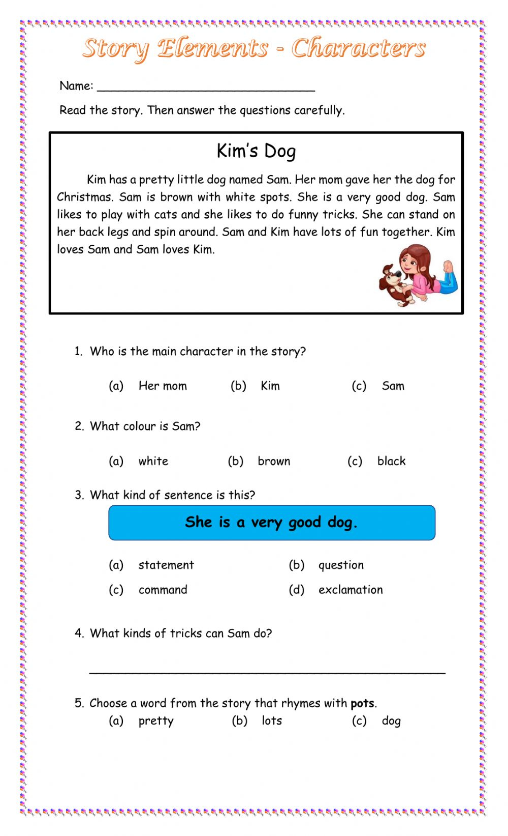 Reading Comprehension Characters Worksheet