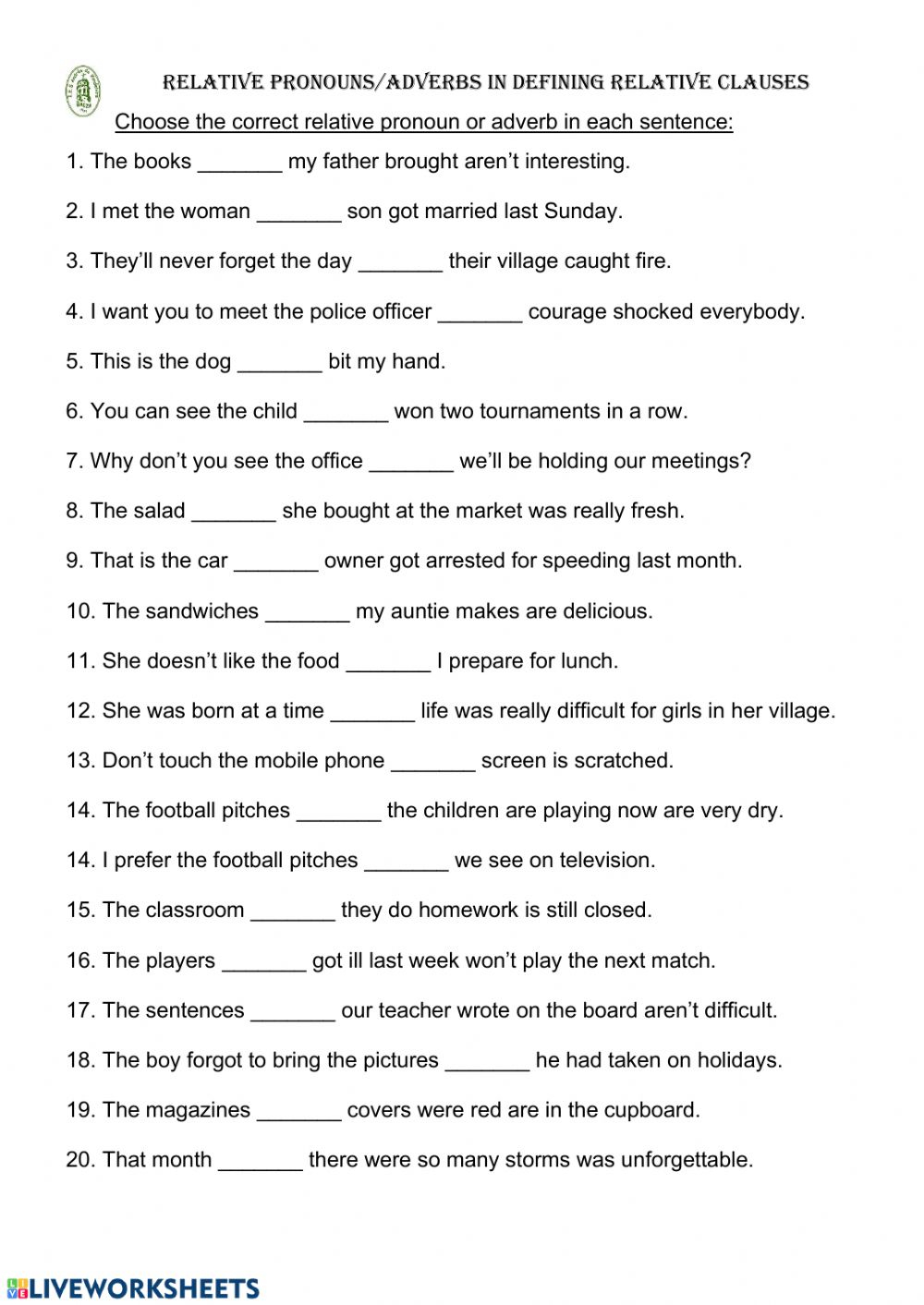 Adjective Clauses With Subject Relative Pronouns Worksheet