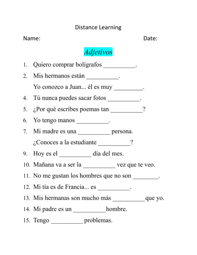 Spanish Adjectives Worksheet