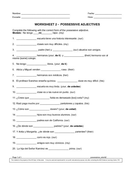 Spanish Adjectives Worksheet Pdf Answers Worksheet