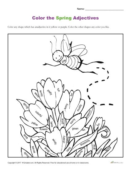 Spring Adjectives Coloring Page Printable Coloring Activity