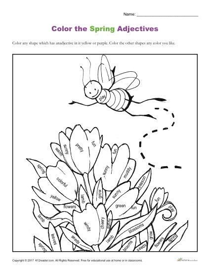 Spring Adjectives Coloring Page Printable Coloring Activity