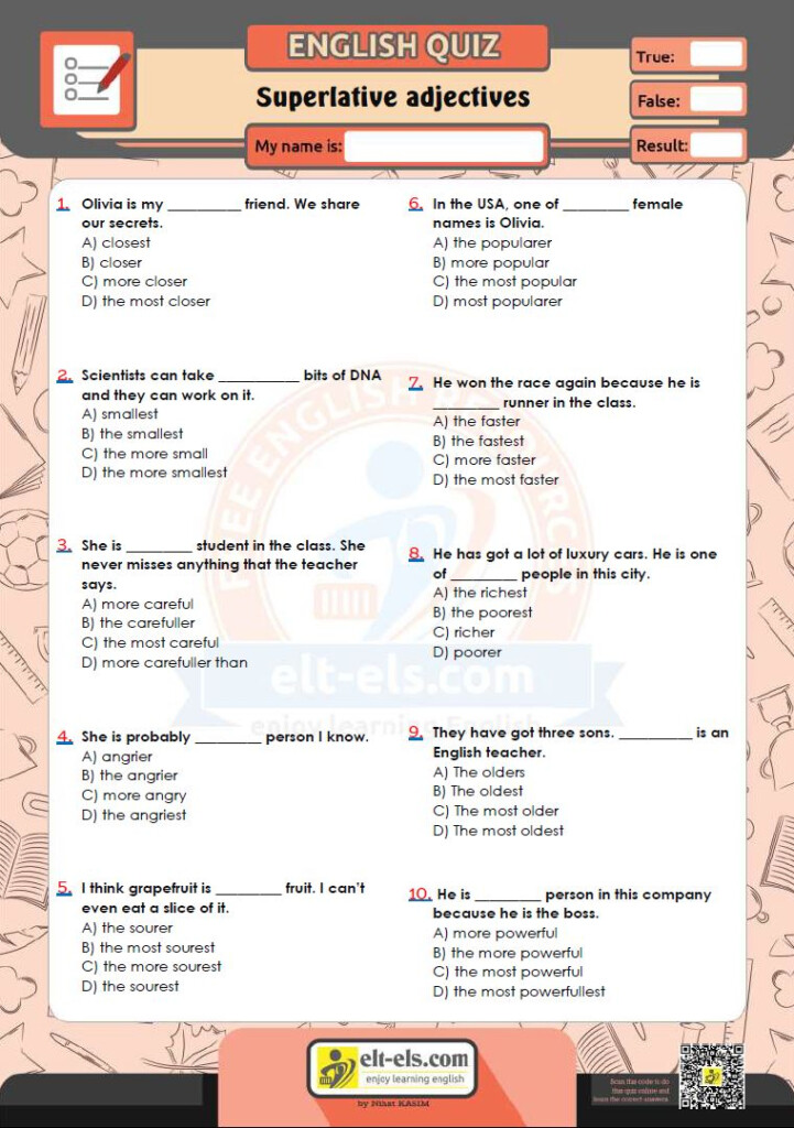 Superlative Adjectives Multiple Choice Tests Www elt els