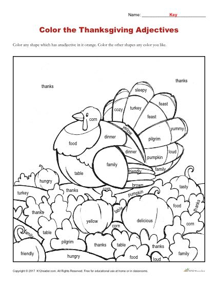 Thanksgiving Adjectives Printable Coloring Activity