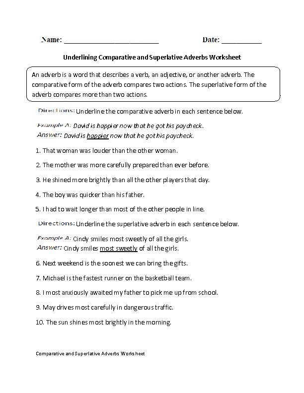 Underlining Comparative And Superlative Adverbs Worksheet Comparative
