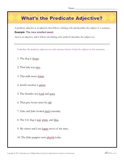 What s The Predicate Adjective Printable Parts Of Speech Activity
